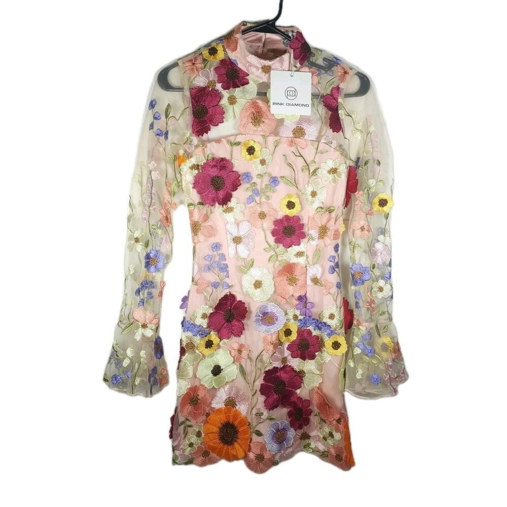 Pink Diamond Women's Sz 2 Pink Floral Embroidered Open-Back Mini Dress NWT